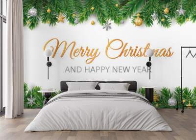 Vector Christmas decoration. Christmas tree border, frame with golden ornaments. Wall mural