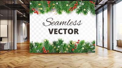 Vector Christmas decoration. Christmas tree border with holly berries. Wall mural