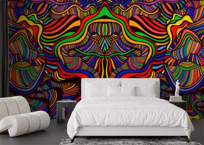 Psychedelic mirror abstract maze of wavy ornaments, rainbow multicolor texture. Wall mural