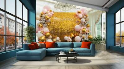 A large festive photo zone for a birthday, decorated with gold sequins, pink, gray and gold balloons of different sizes. Celebrating concept Wall mural