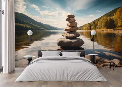 Pyramid of round gray stones on the bank of a mountain river. Zen and harmony concept.Stone tower Wall mural