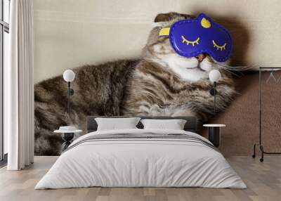 A funny cat sleeps in a mask. Wall mural