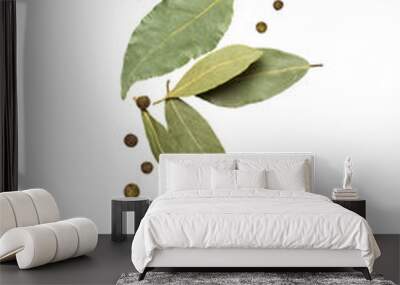 Bay leaf with allspice falls. Seasoning isolated on white background. Wall mural