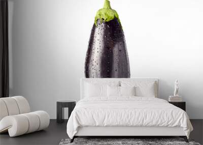 Eggplant in drops of water on a white background. Flatlay Wall mural