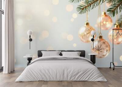 Golden Christmas balls hanging on a white background with bokeh. Wall mural