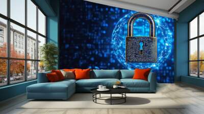 Padlock on blue digital background. Wall mural