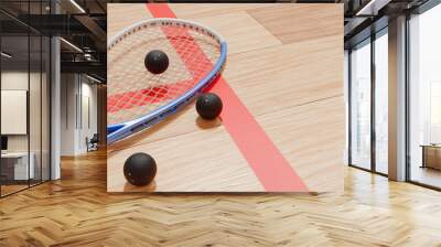 Rackets and squash balls on the floor of the sports court. 3d rendering Wall mural