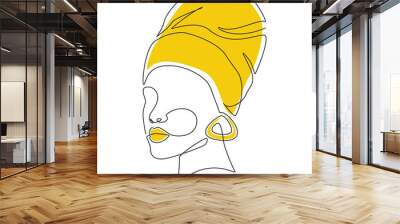 African women face in headwrap in one line drawing style. Minimalistic modern Portrait with turban for logo, emlem, print, poster and card. Simple Vector illustration Wall mural