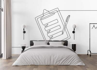 Clipboard with checklist and pen in one continuous line drawing. To do list with ticks and concept for test expertise and exam in simple linear style. Editable stroke. Doodle vector illustration Wall mural