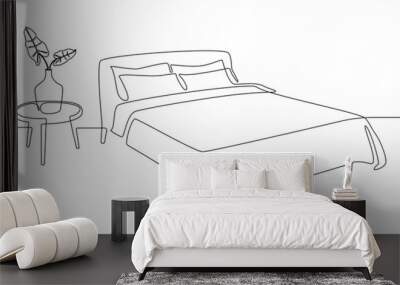 Continuous one line drawing of double bed and table with vase and plant. Scandinavian stylish furniture for cozy bedroom in simple linear style. Editable stroke. Doodle vector illustration Wall mural