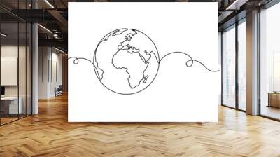 Continuous one line drawing of earth globe with flourish art. World map and travel concept in simple linear style. International trip in editable stroke. Doodle oneline vector illustration Wall mural