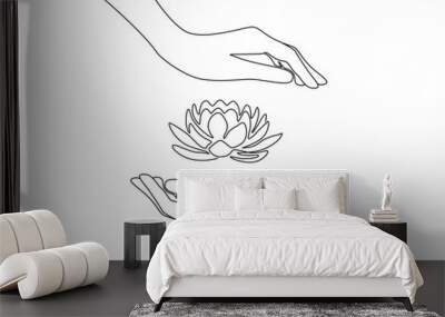 Continuous one line drawing of human hand with lotus flower. Water lily buddhism concept in simple linear style. Editable stroke. Doodle vector illustration Wall mural