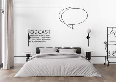 Continuous one line drawing of podcast microphone and chat bubble. Vintage old mike in simple thin linear style for banner music, webinar, online training. Editable stroke. Doodle Vector illustration Wall mural