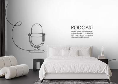 Continuous one line drawing of podcast microphone. Vintage old mike in simple thin linear style for banner music, webinar, online training. Editable stroke. Horizontal Vector illustration Wall mural