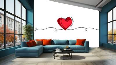 One continuous line drawing of couple hearts and love symbol. Thin curl border and romantic symbol in simple linear style. Editable stroke. Minimalistic outline vector illustration Wall mural