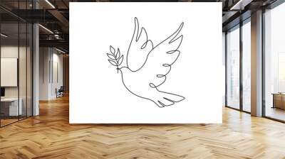 one continuous line drawing of dove of peace flying with olive twig. bird and branch symbol of peace Wall mural