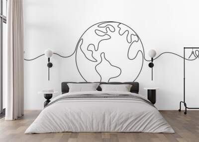 One continuous line drawing of Earth globe. World map in simple linear style. Travel and flight concept in editable stroke. Doodle vector illustration Wall mural