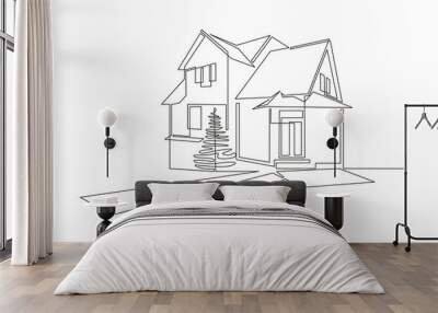 One continuous line drawing of family two story house at village. Modern concept of Home architecture in minimalistic linear style. Doodle Vector illustration Wall mural