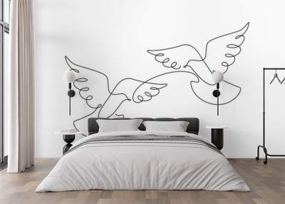 One continuous line drawing of flying couple dove birds. Two pigeons symbol of peace love and freedom in linear style. Concept for national labor movement icon editable stroke. Vector illustration Wall mural