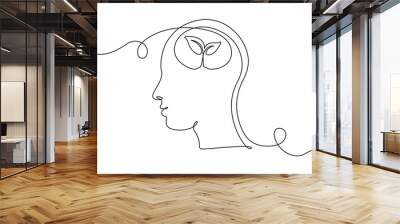 One continuous line drawing of human head with plant inside. Mental health and psychology vector concept. Creative ideas, grow up, positive thinking and self care. Growth mindset skills illustration Wall mural