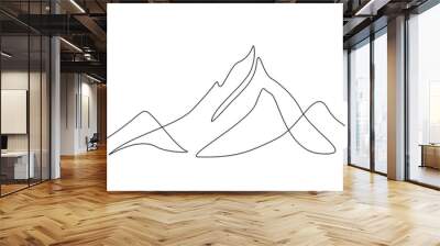 One continuous line drawing of mountain range landscape. Top view of mounts in simple linear style. Adventure winter sports concept isolated on white background. Doodle vector illustration Wall mural