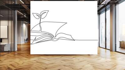 Opened book with sprout plant in one continuous line drawing . Education study and knowledge concept in simple linear style. Growing wisdom in editable stroke. Doodle contour vector illustration Wall mural