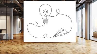 Paper airplane connected with light bulb in one continuous line drawing. Plane and lamp in outline style. Editable stroke. Vector illustration Wall mural