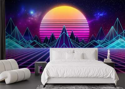 Retro Neon Music Landscape with Sunset, Music Day 80s Theme Wall mural