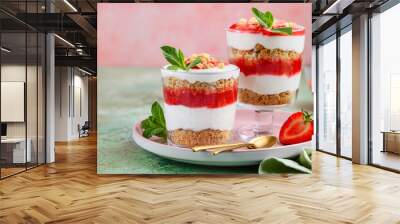 crispy creamy strawberry trifle. delicious summer dessert of shortbread crumbs, yogurt quark cream a Wall mural