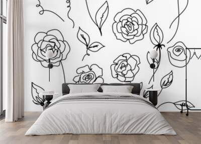 Rose continuous line set, outline sketch style vector abstract art. Wall mural