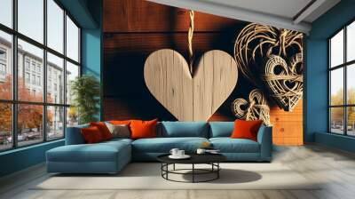 Rustic wooden heart decorations in natural tones symbolizing love and craftsmanship Wall mural