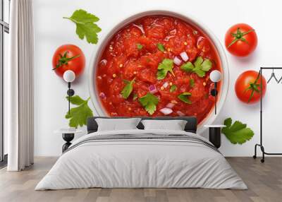 Sauce salsa in bowl on white background, top view Wall mural