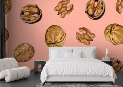 Autumn pattern. Beautiful background with walnuts. Realistic drawing with acrylic paints. Vintage style. Botanical sketches of autumn fetus. Ideal for cards, wrapping paper, fabric and other designs. Wall mural