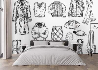 Set of autumn clothes. Sketches of apparel, shoes, hats, accessories. Hand drawn vector illustrations. Outline cliparts collection isolated on white. Wall mural