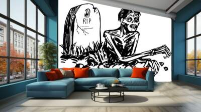 Zombie dead man crawling out of the grave, spooky monster doodle. Halloween hand drawn vector illustration in retro style. Ink sketch isolated on white. Wall mural