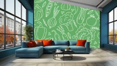 Seamless banner with outline vegetable icons. Background with hand drawn drawings of carrot, cabbage, broccoli, corn, pumpkin. Sketch food pattern. Doodle silhouettes of harvest elements Wall mural