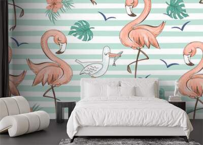 Seamless pattern with cute tropical pink flamingos. Striped background. Wall mural