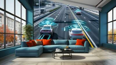 Self-driving vehicles on the highway embody futuristic transportation autonomy concepts - Generative. Wall mural