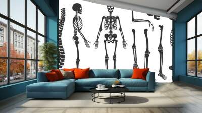 Set of black silhouettes of skeletal human bones isolated on white background. Vector illustration in flat style Wall mural