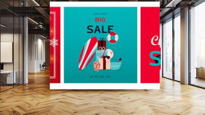 Set of christmas cards. Vector illustration of a big christmas sale. Cozy fireplace with books on the shelf. Banner for new year s sale, black Friday, or Christmas discounts. Flat design. Wall mural