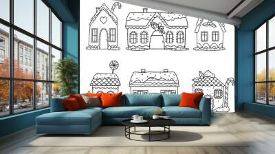 Set of Christmas gingerbread houses. Contour illustration on a white background. Wall mural