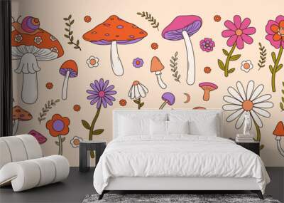 Set of colorful groovy flowers and mushrooms in 70s and 60s style. Vintage hippie elements for poster, card, graphic design. Psychedelic seventies stickers. Vector illustrations. Wall mural