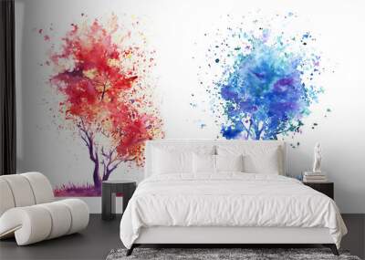 Set of two abstract tree with a crown of multi-colored splashes. Hand-Drawn Watercolor on a paper Illustration Wall mural