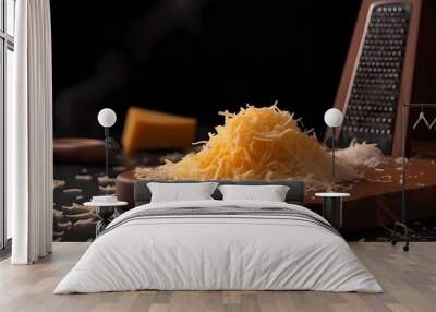 Shredded cheese grated on a wooden cutting board Wall mural