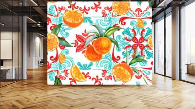 Sicilian majolica and ripe oranges seamless pattern. Watercolor hand drawn illustration of ceramic classic tiles and citruses. Endless background for fabric. Wall mural