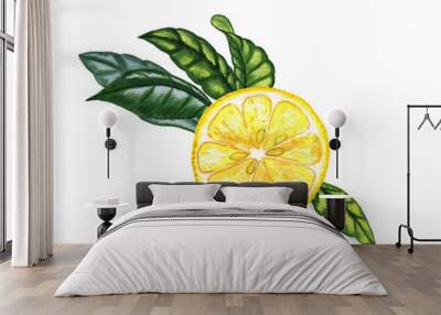 Yellow watercolor lemons and leaves arrangement. Composition of hand drawn illustrations of yellow ripe fruits. For packaging and menu design. Summer print. Wall mural