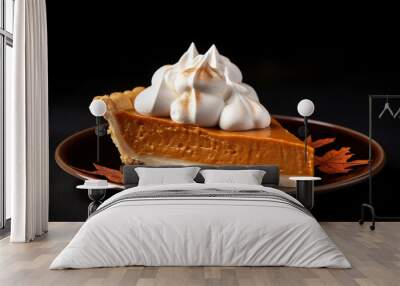 Slice of traditional pumpkin pie for Thanksgiving dinner, topped with whipped cream Wall mural