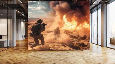 Special forces soldiers navigate a war-torn desert, overcoming obstacles and dangers. Wall mural