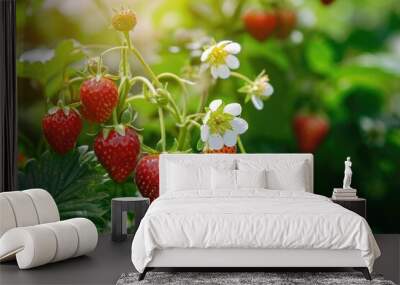 strawberry plant with flowers and berries Wall mural