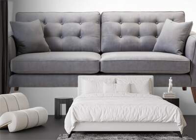 Stylish grey velvet sofa with wooden legs and plush cushions, perfect for contemporary living spaces. Wall mural